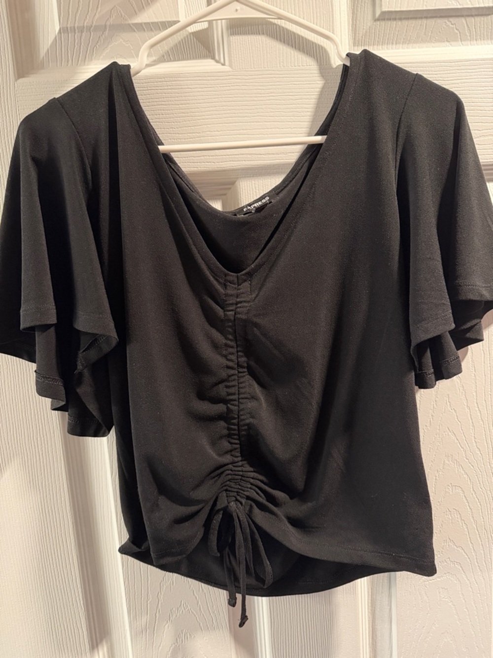 Express Black Ruched Front Flutter Sleeve Crop Top